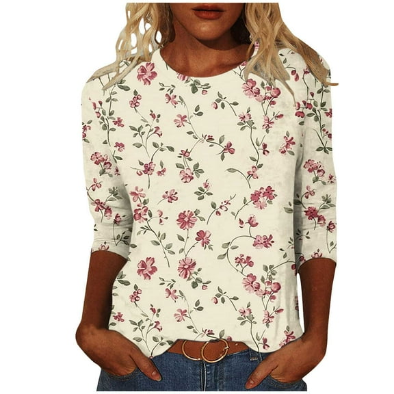 JTZGDY Womens Tops Cute Wildflower Printed Summer 3/4 Sleeve Crew Neck Basic Tunic T-Shirts Plus Size Dressy Casual Work Business Tees Blouse Multicolor#02 XXL