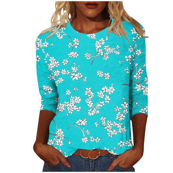 JTZGDY Womens Tops Cute Wildflower Printed Summer 3/4 Sleeve Crew Neck Basic Tunic T-Shirts Plus Size Dressy Casual Work Business Tees Blouse Multicolor#25 XXL
