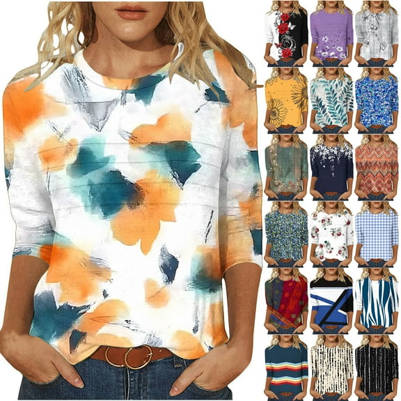 JTZGDY Womens Tops Dressy Casual Floral Printed Summer 3/4 Length Sleeve Crewneck Front Ruched Pleated T-Shirts Loose Lightweight Comfy Graphic Tunic Blouse Khaki XL