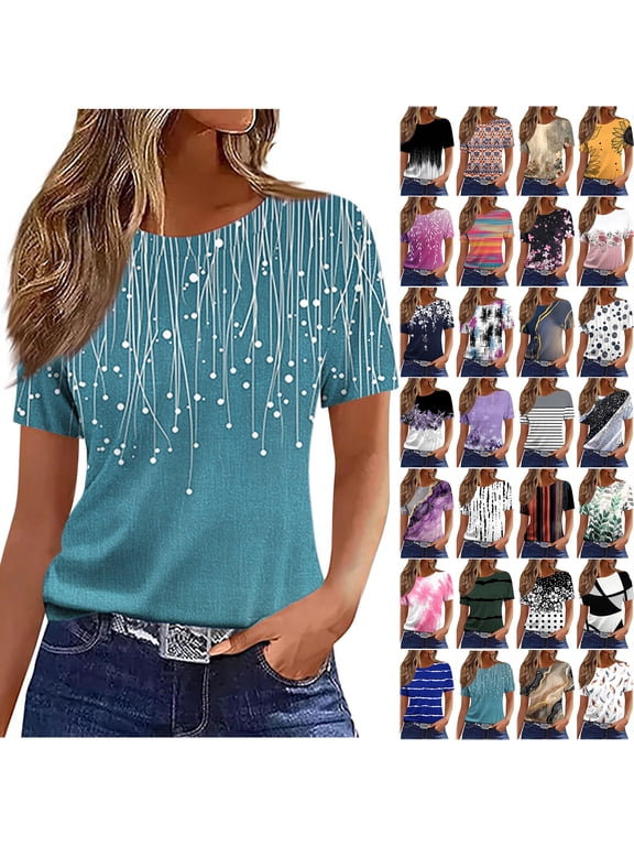 Womens Tops Loose Fit Casual Short Sleeve Round Neck Boho Floral Printed T-Shirts Trendy Oversized Basic Tunic Blouse Blue#01 L