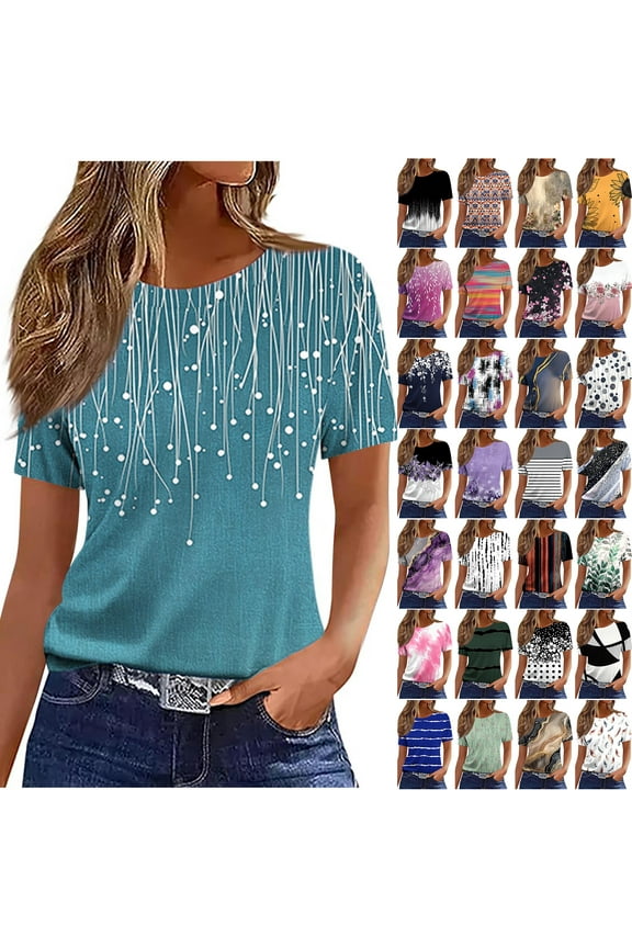 Womens Tops Loose Fit Casual Short Sleeve Round Neck Boho Floral Printed T-Shirts Trendy Oversized Basic Tunic Blouse Yellow M