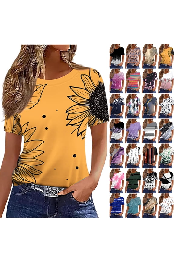 Womens Tops Loose Fit Casual Short Sleeve Round Neck Boho Floral Printed T-Shirts Trendy Oversized Basic Tunic Blouse Yellow XXL