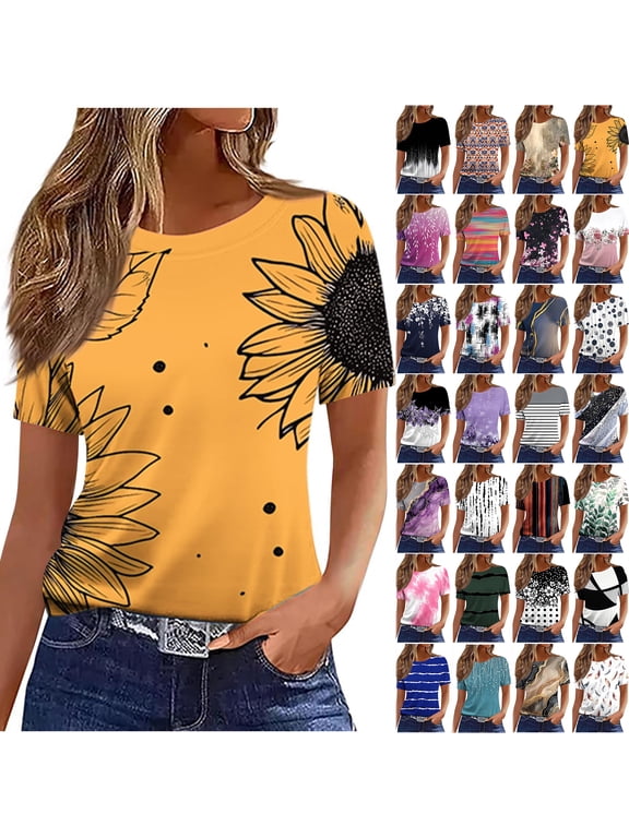 Womens Tops Loose Fit Casual Short Sleeve Round Neck Boho Floral Printed T-Shirts Trendy Oversized Basic Tunic Blouse Yellow XXL