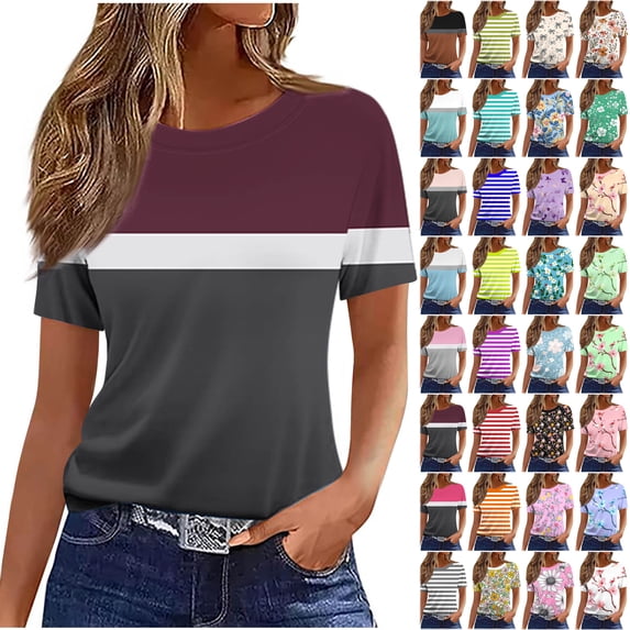 JTZGDY Womens Tops Loose Fit Casual Short Sleeve Round Neck Boho Floral Printed T-Shirts Trendy Oversized Basic Tunic Blouse