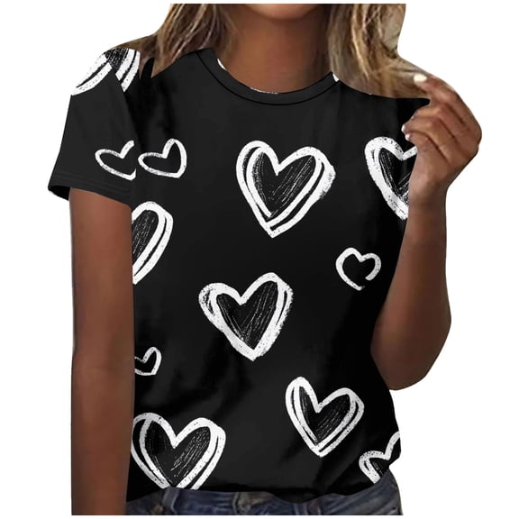 JTZGDY Womens Valentine Tops Cute Tie Dye Heart Pattern Print Short Sleeve Crew Neck Graphic Holiday Tees Shirt Loose Oversized Casual Tshirt Blouse Black#01 L