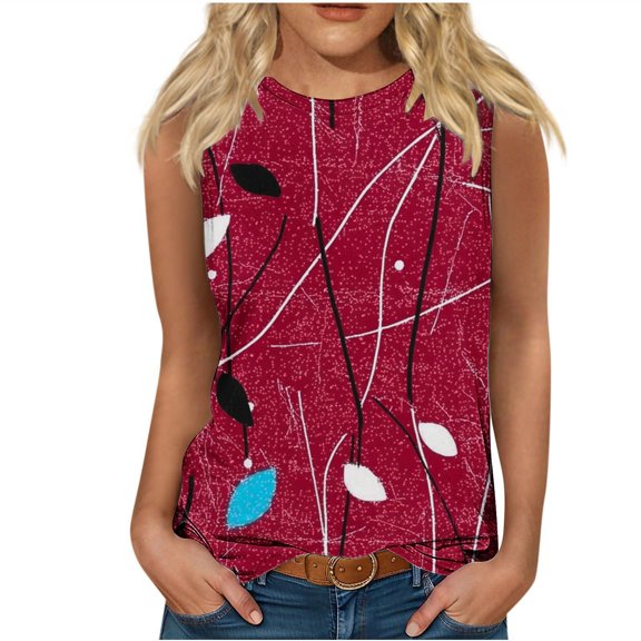 JTZGDY Workout Tank Tops for Women Boho Floral Printed Summer Sleeveless Round Neck Graphic Cami T-Shirts Loose Fit Soft Cotton Blouse Red M