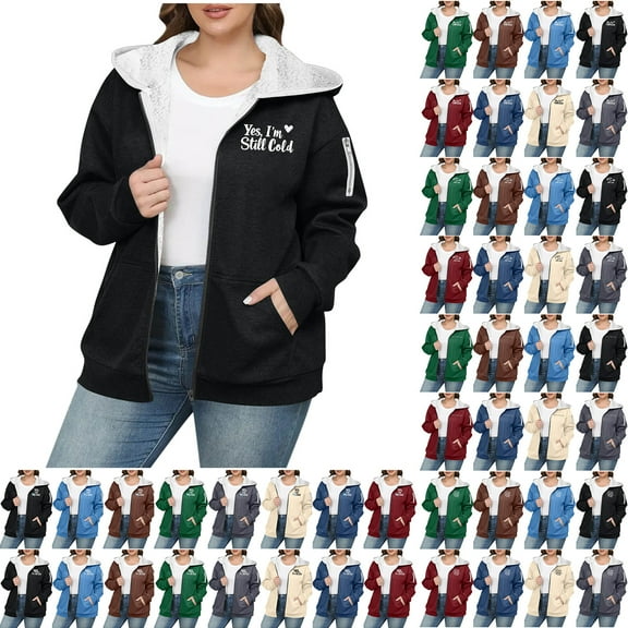 JTZGDY Yes,I'm still Cold Funny Letters Printed Full Zip up Fleece Hoodie Jackets for Women Fashion Sherpa Lined Plush Thick Warm Oversized Hooded Outwear Sweatshirt with Pockets A#05-Gray XXXXL