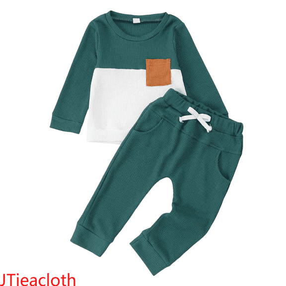 JTieacloth 2Pcs Boys Outfits Set Boys Long Sleeve Color Crewneck Pullover Hoodie And Pants Outfit For Toddlers And Kids,Sizes 12-18 Months(Green)