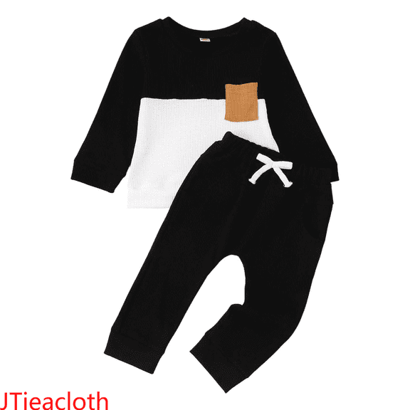 JTieacloth 2Pcs Boys Outfits Set Boys Long Sleeve Color Crewneck Pullover Hoodie And Pants Outfit For Toddlers And Kids,Sizes 6-12 Months(Black)