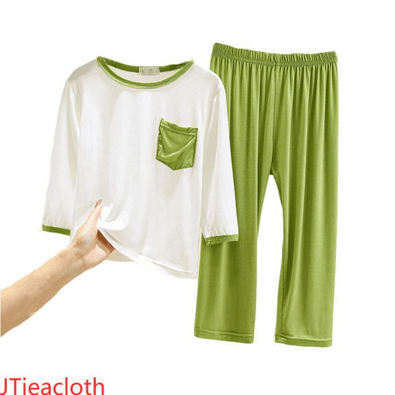 JTieacloth 2Pcs Boys Outfits Set Children's Long Sleeve Shirt Shorts Set Summer Thin Boy And Girls Home Wear Loose Casual Suit,Sizes 4-5 Years(Green)