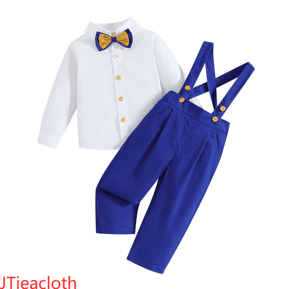 JTieacloth 2Pcs Boys Outfits Set Stylish Boys Suits Set Formal Long Sleeve Shirt With Suspenders Pants Outfits For Kids Spring Autumn Performance Party Wear,Sizes 1-2 Years(Blue)