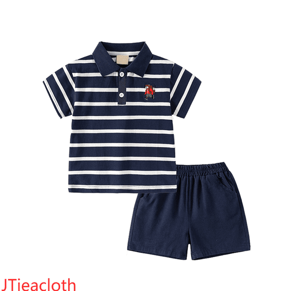 JTieacloth 2Pcs Boys Pants Set Toddler Boys Short Sleeve Casual Stripe Tops Holiday Shirts T Shirt Short Pants Suit,Sizes 3-4 Years(Blue)