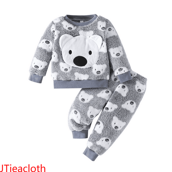 JTieacloth 2Pcs Boys Pants Set Toddler Boys Winter Outfits 2 Piece Set Cute Bear Print Pullover Hoodie And Pants Warm Lined Casual Play Clothes For Baby Boys,Sizes 9-12 Months(Gray)