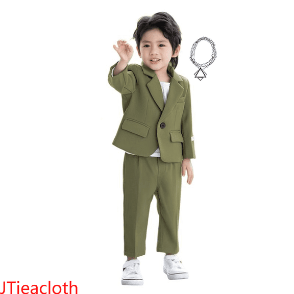 JTieacloth 2Pcs Fall Outfits Sets Boys Business Suits Coat 3 Piece Outfit Tuxedo Set For Kids Formal Suit For Boys With Pants Necklace Set Slim,Sizes 12-18 Months(Green)