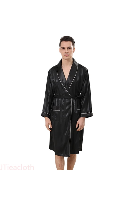 Bath Robe for Men Male Robe Satin Bathrobe With Shorts Set Wide Striped Jacquard Pajamas Silky Kimono Robe(Black,S)