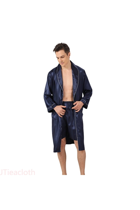 Bath Robe for Men Male Robe Satin Bathrobe With Shorts Set Wide Striped Jacquard Pajamas Silky Kimono Robe(Blue,S)