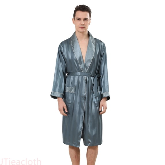 JTieacloth Bath Robe for Men Male Robe Satin Bathrobe With Shorts Set Wide Striped Jacquard Pajamas Silky Kimono Robe(Green,XL)