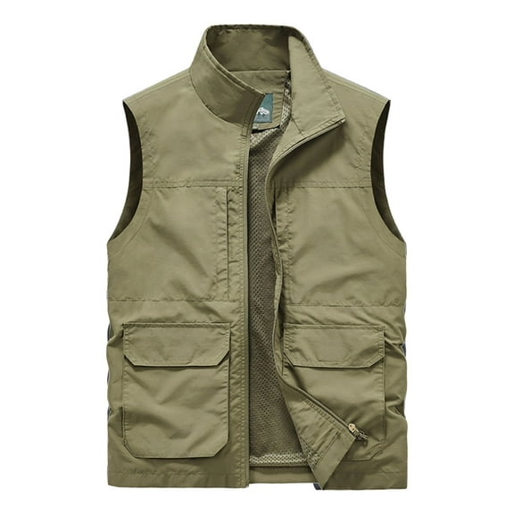 JTieacloth Big And Tall Shirts Men's Jacket Vest Overalls Vest M Ulti Pocket Outdoor Casual Solid Color Slim Stand C Ollar Comfortable