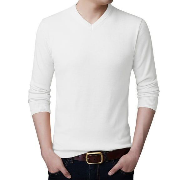 JTieacloth Big & Tall Mens Sweaters Male V Neck Sweater Simple Slim Fit Trend Underlay Shirt Men's Handsome Solid Color Knitting Shirt(White)