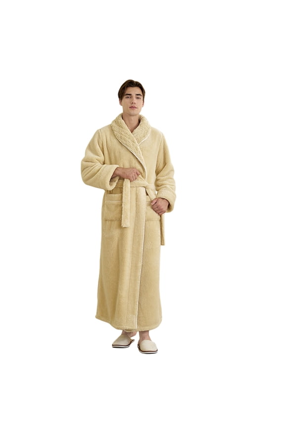Big & Tall Nightshirt Fleece Bathrobe Winter Warm Cozy Shawl Collar Long Sleeve Robe Soft Loungewear Kimono Spa Robe For Home Yellow