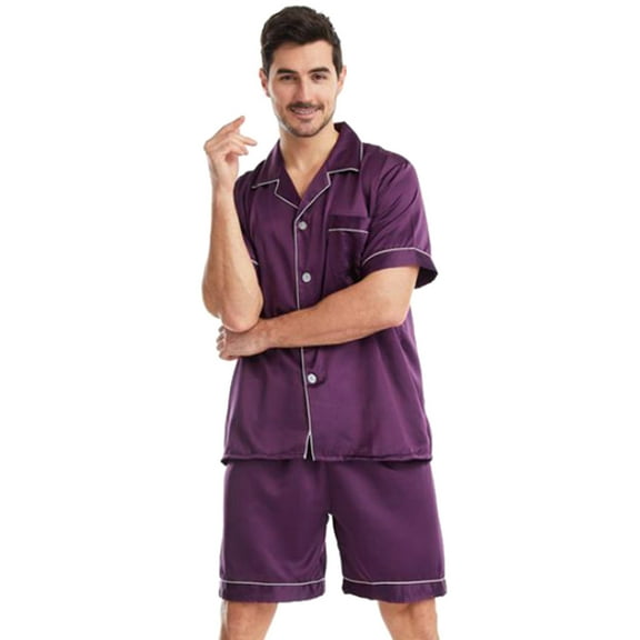 JTieacloth Big & Tall Nightshirt Plain Satin Sleepwear Soft Smooth Short Sleeve Short Pant Sleepwear Man With Pockets Two Piece Pajamas Purple