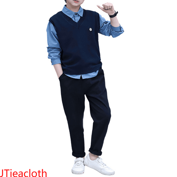JTieacloth Boys Clothes 2 Piece Boy's Spring Autumn Suit Set Children's Medium Large Size Stylish Academic Style Long Sleeved Shirt And Set Suitable For 3 15 Years Old.,Sizes 3-4 Years(Blue)