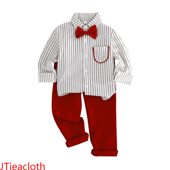JTieacloth Boys Outfit Sets Stylish Boys Long Sleeve Dress Shirt And Solid Pants Outfit For Fall Season With Bow Tie,Sizes 4-5 Years(Red)