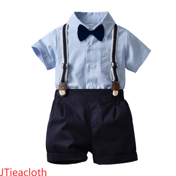 JTieacloth Boys Outfit Sets Toddler Boys Short Sleeve Striped T Shirt Tops Suspenders Shorts Child Kids Outfits,Sizes 12-18 Months(Blue)