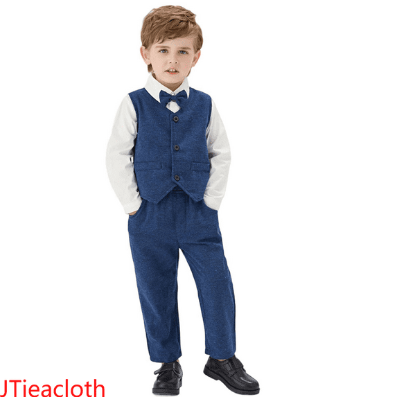 JTieacloth Boys Pant Sets Boys Formal Suit Set Elegant Vest Bow Tie Long Sleeve Shirt And Pants Outfit For Toddler Kids Party Wedding,Sizes 2-3 Years(Blue)