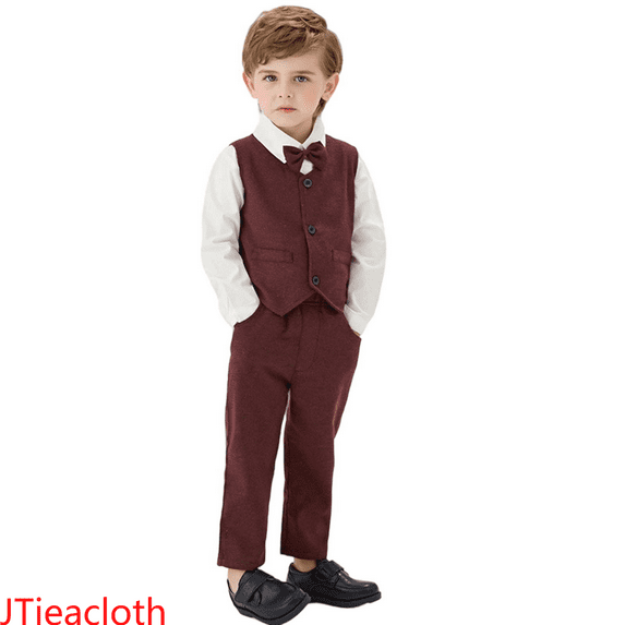 JTieacloth Boys Pant Sets Boys Formal Suit Set Elegant Vest Bow Tie Long Sleeve Shirt And Pants Outfit For Toddler Kids Party Wedding,Sizes 3-4 Years(Red)