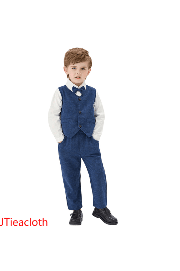 Boys Pant Sets Boys Formal Suit Set Elegant Vest Bow Tie Long Sleeve Shirt And Pants Outfit For Toddler Kids Party Wedding,Sizes 5-6 Years(Blue)