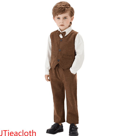 JTieacloth Boys Pant Sets Boys Formal Suit Set Elegant Vest Bow Tie Long Sleeve Shirt And Pants Outfit For Toddler Kids Party Wedding,Sizes 5-6 Years(Brown)