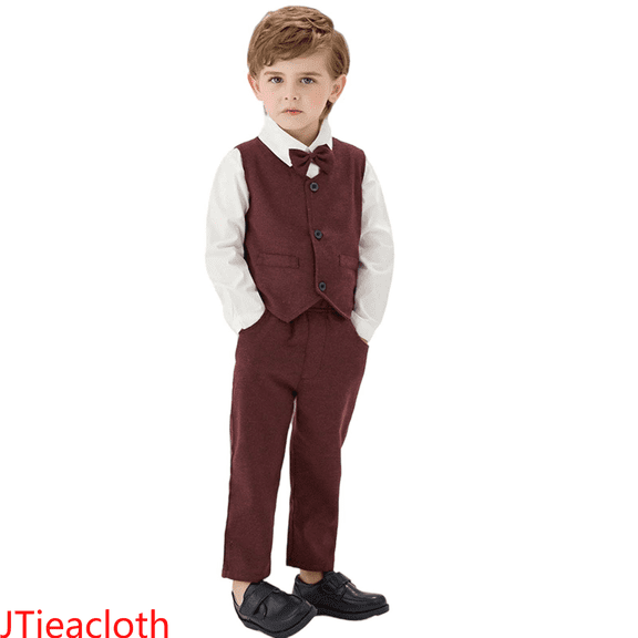 JTieacloth Boys Pant Sets Boys Formal Suit Set Elegant Vest Bow Tie Long Sleeve Shirt And Pants Outfit For Toddler Kids Party Wedding,Sizes 5-6 Years(Red)
