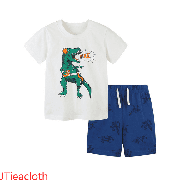JTieacloth Boys Summer Short Sets Boys' Rugby Style Dinosaur Print T Shirt & Shorts Set Summer Knitted Cotton Casual Outfit (1 7 Years),Sizes 6-7 Years(White)