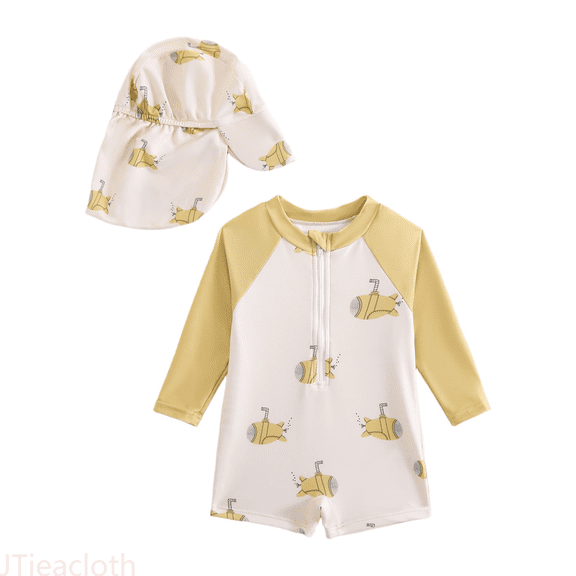 JTieacloth Boys Summer Swimwear With And Print Long Sleeve Rash Guard Swim Shirt And Matching Swim Trunks Hat Outfit For Beach Pool Water Play,Sizes 12-18 Months