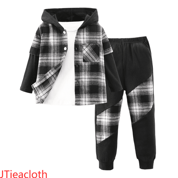 JTieacloth Boys Sweatsuit Sets Boys Outfits Set Long Sleeve Hooded Plaid Pullover Jacket And Pants Comfy Casual Toddler Clothes For Spring Fall Winter,Sizes 5-6 Years(Black)