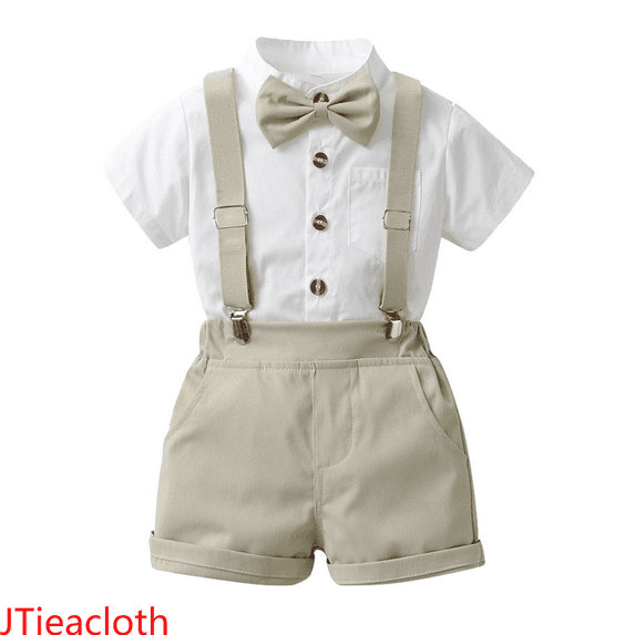 JTieacloth Boys Sweatsuit Sets Toddler Boys Short Sleeve Solid T Shirt Tops Suspenders Shorts Child Kids Outfits,Sizes 7-8 Years(Beige)