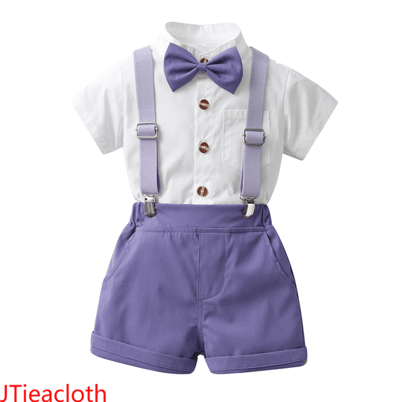 JTieacloth Boys Sweatsuit Sets Toddler Boys Short Sleeve Solid T Shirt Tops Suspenders Shorts Child Kids Outfits,Sizes 7-8 Years(Purple)
