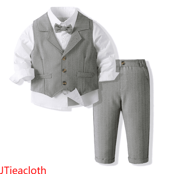 JTieacloth Boys Top and Pant Sets Boys Formal Outfits Sets Toddler To Kids Dress Shirt Vest Pants Bow Tie Suit For 18 Months To 7 Years,Sizes 5-7 Years(Gray)