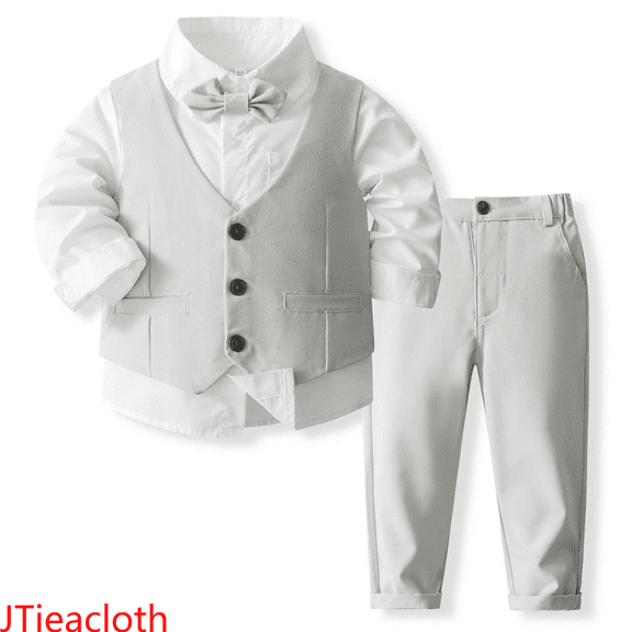 JTieacloth Boys Top and Shorts Sets Boys Formal Outfits Set Shirt Vest Pants Bow Tie Suit For Kids Wedding Party Occasions,Sizes 3-4 Years(Gray)