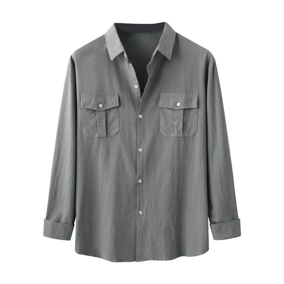 JTieacloth Business Casual Shirt Autumn And Winter Men's Cotton And Linen Solid Color Double Pocket Design Long Sleeve Shirt Gray