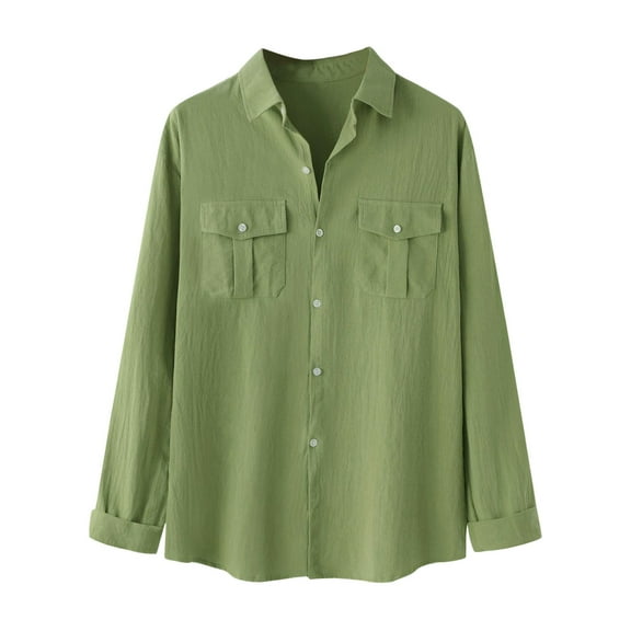 JTieacloth Business Casual Shirt Autumn And Winter Men's Cotton And Linen Solid Color Double Pocket Design Long Sleeve Shirt Green