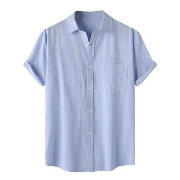 JTieacloth Business Casual Shirt Male Solid Color Jacquard Striped Shirt Pure Cotton Short Sleeve Lapel Button Down Shirt Blue