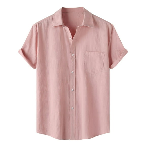 JTieacloth Business Casual Shirt Male Solid Color Jacquard Striped Shirt Pure Cotton Short Sleeve Lapel Button Down Shirt Pink