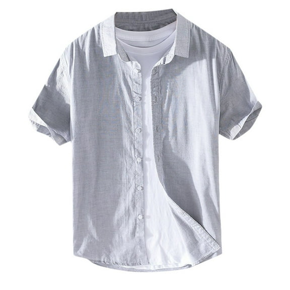 JTieacloth Business Casual Shirt Men's Breathable Shirt Short Sleeve Loose Shirt In Summer Wear A Thin Lapel White Cotton Linen Shirt Gray