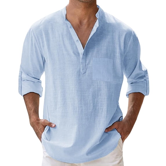 JTieacloth Business Casual Shirt Mens Spring Summer Loose Stand Solid Pocket Long Sleeve Pullover Shirt Blue
