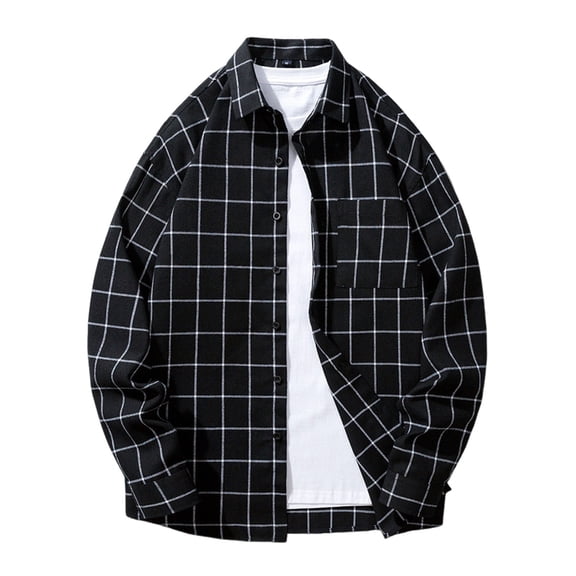 JTieacloth Business Slim Fit Shirt Mens Casual Spring And Autumn Fashion Plaid Lapel Pocket Button Top Shirt Black