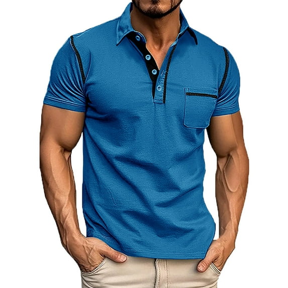 JTieacloth Button Casual Tee Collared Male Spring Short Sleeve Solid Color Pocket Letter Stripe Stitching Raglan Sleeve Top Blue XXL