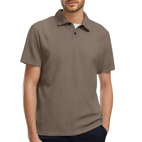 JTieacloth Button Casual Tee Collared Men's Spring And Summer Fashion Solid Color Shirt With Plaid Lapel Short Sleeved T Shirt Brown XL