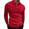 thumbnail image 1 of JTieacloth Button Classic T-Shirt Men's Four Seasons Leisure Fashion Stitching Color Contrast Design Lapel Button Long Sleeve Tops Red S, 1 of 4